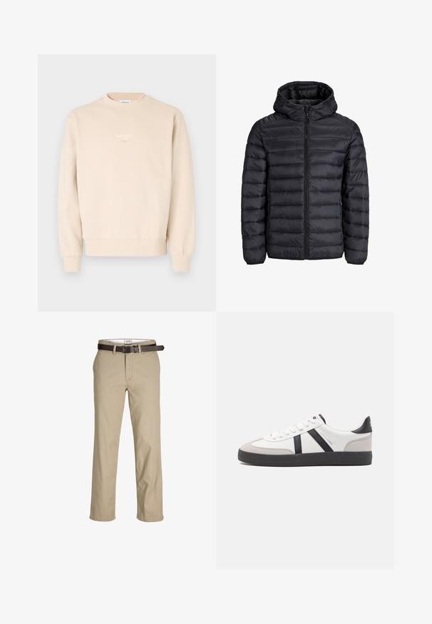 Sort popperjakke med hætte, der har en kviltet design, lynlås foran og elastiske manchetter. Lavet af letvægts, vandafvisende materiale.; Beige sweatshirt lavet af blødt stof, med en rund hals, ribbede manchetter og et lille hvidt logo på brystet.; Beige bomuldsbukser med lige snit, udstyret med bæltestropper, et brunt læderbælte og et klassisk design. Glat, robust tekstur.; Hvide sneakers med sorte og grå detaljer, med en tekstureret grå tåhætte, sort gummisål og flade hvide snørebånd. Rent design, minimalistisk stil.