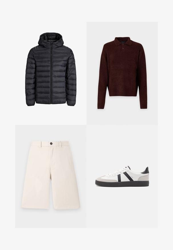 Musthave musta puffjakker, millel on kapuuts, tikandiga disain, esi tõmblukk ja elastsed mansetid. Valmistatud kerge ja veekindlast materjalist.; Pruun kudumiga pehme pullover, millel on polo kaelus, kolm nuppu kaela juures ja pikad varrukad. Pehme tekstuur, ribidega mansetid ja äär.; Kreemikatseid puuvillaseid šortse otse lõikega, millel on nööbi sulgemine ja vöörihmade aasad. Sile tekstuur ilma mustrite või aktsentideta.; Valged tossud mustade ja hallide aktsentidega, tekstureeritud halli varbakattega, musta kummitald ja lamedad valged paelad. Puhtad jooned, minimalistlik stiil.