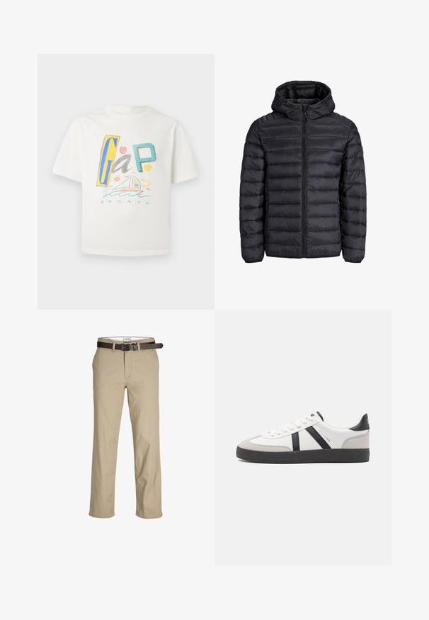 Černá péřová bunda s kapucí, zdobená prošíváním, s předním zipem a elastickými manžetami. Vyrobena z lehkého, vodoodpudivého materiálu.; Bílý tričko s krátkým rukávem, zdobené barevným logem "GAP" a námořnickou ilustrací. Měkká textura s volným střihem.; Béžové bavlněné kalhoty s rovný střih, s poutky na pásek, hnědým koženým páskem a klasickým designem. Hladká, pevná textura.; Bílé tenisky s černými a šedými akcenty, opatřené texturovaným šedým prstovým krytem, černou gumovou podrážkou a plochými bílými tkaničkami. Čistý design, minimalistický styl.