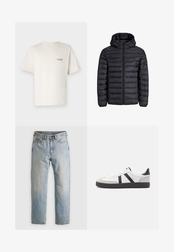 Chaqueta acolchada negra con capucha, presenta un diseño acolchado, cierre frontal con cremallera y puños elásticos. Fabricada con material ligero y resistente al agua.; Camiseta de algodón color crema de manga corta, con un pequeño logo impreso en rojo en la parte izquierda del pecho. Diseño simple y clásico.; Jeans de mezclilla azul claro de cintura alta, con botón frontal, cremallera y diseño de cinco bolsillos, dispuestos sobre un fondo neutro.; Zapatilla blanca con acentos en negro y gris, que presenta una puntera texturizada en gris, suela de goma negra y cordones planos blancos. Diseño limpio, estilo minimalista.