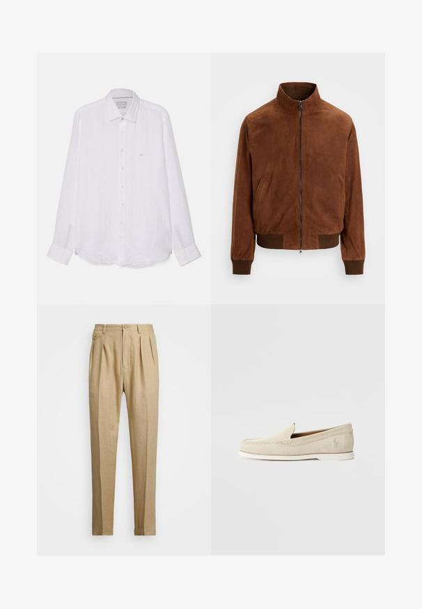 Brun ruskind jakke med stående krave, frontlynlås og ribbede manchetter, med en glat tekstur og minimalistisk design.; Hvid skjorte med lange ærmer lavet af linned. Har en spids krave, fuld knaplukning foran og et lille broderet logo på venstre bryst.; Beige linnedbukser med lige snit, prydet med to forkørsler, knaplukning og sidelommer. Struktureret stof med en glat overflade.; Polo Ralph Lauren MERTON VENETIAN LOAFER - Mokkasiner - milkshake