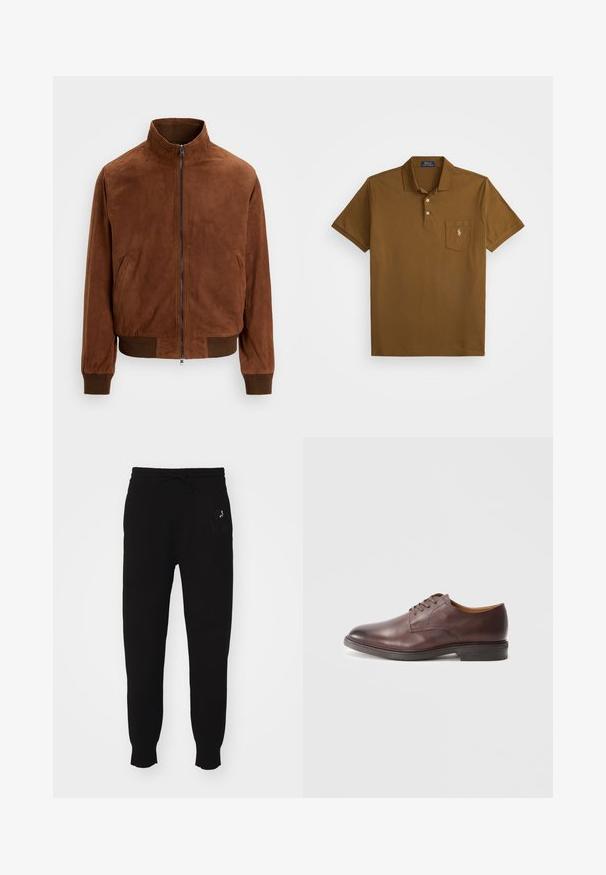 Rjava semiš jakna z izstopnim ovratnikom, sprednjim zadrgo in rebrastimi manšeti, ki se ponaša z gladko teksturo in minimalističnim dizajnom.; Rjava polo majica iz bombaža s ovratnikom, dvema gumboma in žepom na levi strani prsnega koša, ki ima vezeno logo. Kratki rokavi.; Črne bombažne trenirke z vrvico v pasu, zoženimi nogami in izvezenim logotipom na levi strani. Gladka tekstura.; Moške formalne čevlje iz rjave usnje z vezalkami, z gladko površino in zloženim peto na belem ozadju.