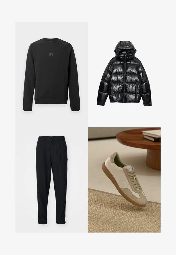 Fekete puffernadrág fényes kivitelben. Kapucnival, cipzáras záródással és két oldalsó zsebbel rendelkezik. A steppelt kialakítás textúrát és szigetelést ad.; Fekete crewneck Reebok pulóver hosszú ujjakkal, a mellkason középen elhelyezett kis fényvisszaverő logóval, síma fehér háttéren.; Fekete len nadrág laza szabással, gombos záródással, plisszírozással és felgombolt szegéllyel. Simább textúra és minimalista dizájn.; Könnyű sneaker, fehér bőr felsőrésszel, bézs velúr díszítéssel, kerek orral és texturált barna gumitalppal.