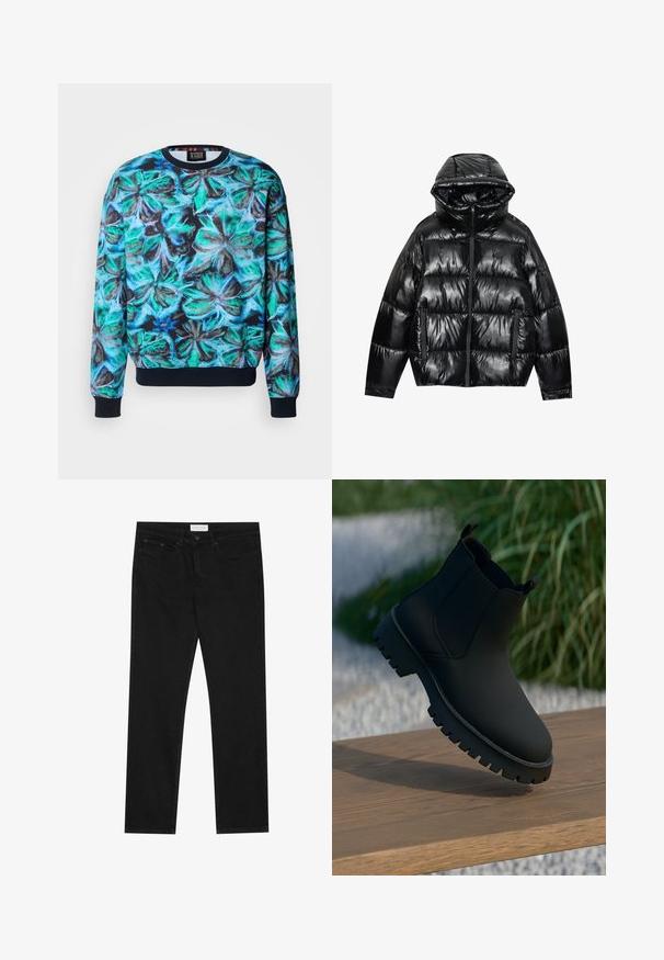 Giacca puffer nera con finitura lucida. Caratterizzata da cappuccio, chiusura con zip e due tasche laterali. Il design trapuntato aggiunge texture e isolamento.; Scotch & Soda DIGITAL PRINT ARTWORK - Felpa - blue; Jeans neri a gamba dritta con design a cinque tasche, chiusura con bottone e zip, e etichetta del marchio Pier One sulla cintura.; Stivale alla caviglia nero con finitura liscia, pannelli laterali elastici e una suola spessa e robusta. Ambientato su uno sfondo naturale su una superficie di legno.