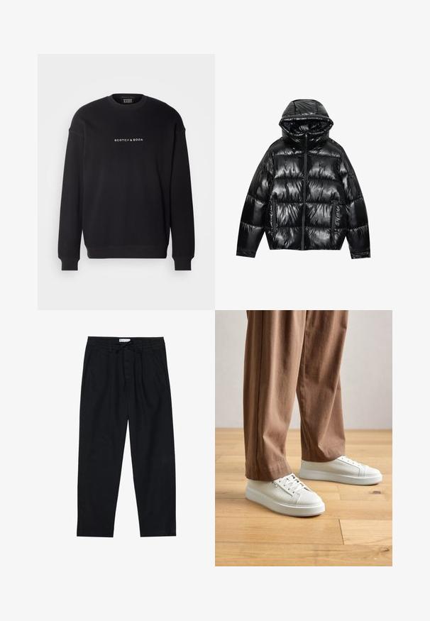 Sort puffjakke med en blank overflade. Har hætte, lynlås lukning og to sidelommer. Kviltet design tilføjer tekstur og isolering.; Scotch & Soda CORE LOGO FRONT CHEST - Sweatshirt - black; Pier One Chino - black; Person der bærer hvide teksturerede lavtop sneakers og løse brune bukser, stående på lys træbetræk.