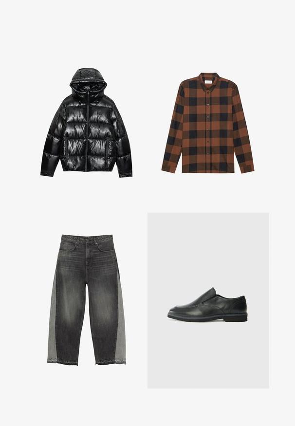 Zwarte pufferjack met een glanzende afwerking. Beschikt over een capuchon, ritssluiting en twee zijzakken. Gevoerde ontwerp voegt textuur en isolatie toe.; Bruin en zwart geruit overhemd met lange mouwen, gemaakt van stof, met een button-down kraag en knoopsluiting; heeft boorden met manchetten.; Wijdvallende jeans in donkergrijs denim met contrasterende lichtgrijze zijpanelen. Ruwe zoomdetails benadrukken het unieke ontwerp. Vijf zakken stijl.; Zwarte leren instapper met een soepele bovenkant, gestikte accenten, ronde neus en een lage rubberen hak. De zool heeft minimale profiel.