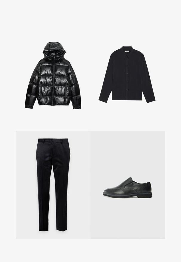 Melnā pūkā, ar spīdīgu apdari. Tam ir kapuce, rāvējslēdzēja aizdare un divas sānu kabatas. Kvadrātveida dizains piešķir tekstūru un siltumu.; Melnas garām piedurknēm krekls ar pogu aizdari, apkakli, divām priekšējām kabatām un teksturētu auduma apdari.; Slim-fit melni bikses gludā audumā, ar plakanu priekšpusi, jostu cilpiņām un slēgtām maliņām, piedāvājot klasisku un šūtu siluetu.; Melnas ādas slip-on kurpes ar gludu augšdaļu, izšūtām akcentiem, noapaļotu purngala daļu un zemu gumijas papēdi. Zole ar minimālu rakstu.