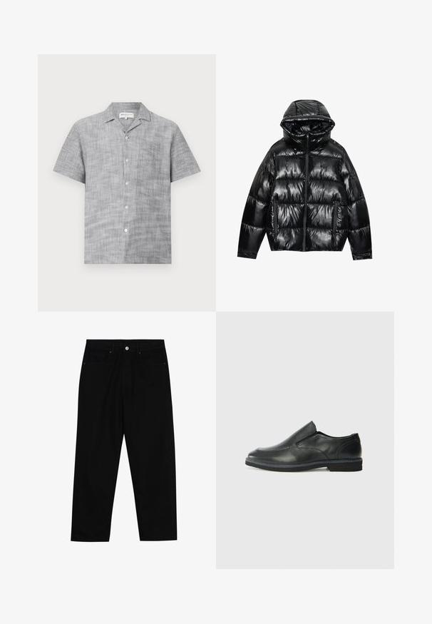 Svart boblejakke med glanset overflate. Har hette, glidelås og to sidelommer. Kviltet design gir tekstur og isolasjon.; Korte ermer grå skjorte med knapper laget av teksturert stoff, med krage og liten frontlomme. Har lyse knapper.; Sorte denimbukser med rett benklipp, fem-lomme design og frontknappåpning. Jevn tekstur med minimale sømdetaljer.; Sorte skinn slip-on sko med en jevn overflate, stikking detaljer, rund tå og en lav gummihæl. Sålen har minimal mønstring.