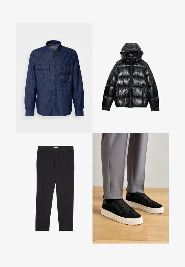 Juodas pūkinis kokonas su blizgiu paviršiumi. turi gobtuvą, užtrauktuką ir dvi šonines kišenes. Kiluotas dizainas suteikia tekstūros ir izoliacijos.; Vyrų džinsinis marškinis, tamsiai mėlynas, su ilgomis rankovėmis, mygtukų uždarymas priekyje, dvi krūtinės kišenės, tekstūruota akcentinė kišenė, vientisa medžiaga.; Juodos medvilnės kelnės su siauru pjūviu, turinčios dvi šonines kišenes ir priekinį mygtuko užsegimą. Audinys tekstūruotas su subtiliomis detalėmis.; Juodi zomšiniai sportbačiai su tekstūruotu paviršiumi, turintys baltą gumos pado ir dekoratyviu šoniniu užtrauktuku, dėvimi su pilkais kelnėmis.