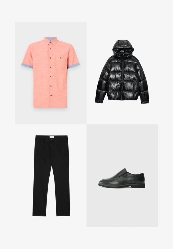 Zwarte pufferjack met een glanzende afwerking. Beschikt over een capuchon, ritssluiting en twee zijzakken. Gevoerde ontwerp voegt textuur en isolatie toe.; Korte mouwen button-up shirt in koraal, met een blauwe kraag en manchetten, voorzien van een patchzak en bruine knopen. Geweven stof.; Zwarte straight-leg jeans met een vijf-pocket ontwerp, knoop- en ritssluiting, en een Pier One merklabel op de tailleband.; Zwarte leren instapper met een soepele bovenkant, gestikte accenten, ronde neus en een lage rubberen hak. De zool heeft minimale profiel.