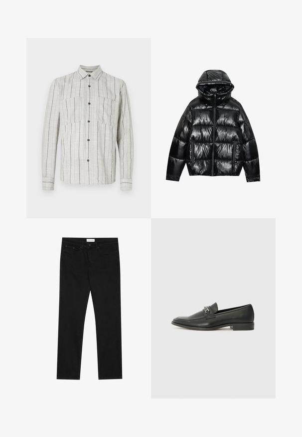 Črn puhasti jopič z sijajem. Ima kapuco, zadrgo in dve stranski žepu. Pikučast vzorec dodaja teksturo in izolacijo.; Svetlo siva majica s dugimi rokavi iz teksturirane tkanine z mornarskimi vertikalnimi črtami, ki ima dva žepa na prsih in temne gumbe.; Črne ravne jeans hlače s petimi žepi, z gumbom in zadrgo za zapiranje ter oznako blagovne znamke Pier One na pasu.; Črni usnjeni loafer z gladko površino, ki ima šivano zasnovo in dekorativni kovinski verižni naglas preko vampirja. Ravno peto.