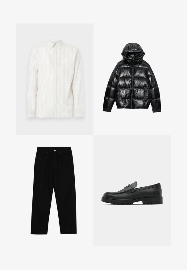 Melnā pūkā, ar spīdīgu apdari. Tam ir kapuce, rāvējslēdzēja aizdare un divas sānu kabatas. Kvadrātveida dizains piešķir tekstūru un siltumu.; Balta garām piedurknēm pogājama krekls ar vertikālām gaišbrūnām svītrām, klasiskā apkakle un pogu aizdare priekšpusē. Maiga, struktūrēta auduma.; Melni džinsi ar taisnu kāju griezumu, piecu kabatu dizainu un priekšēju pogu aizdari. Gluda tekstūra ar minimālu šuvju detaļu skaitu.; Melnas ādas loafers ar noapaļotu purngalu, ar izšūtu dizainu, zemu platformas zoli un teksturētu, rievotu gumijas ārējo zoli.