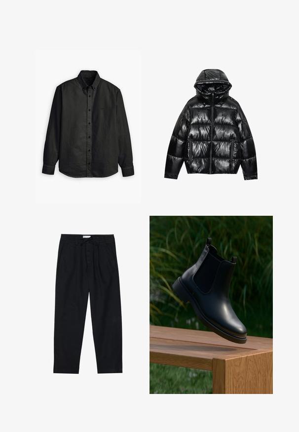 Giacca puffer nera con finitura lucida. Caratterizzata da cappuccio, chiusura con zip e due tasche laterali. Il design trapuntato aggiunge texture e isolamento.; Levi's® AUTHENTIC BUTTON DOWN - Camicia - kincaid jet black garment dye; Pier One Chino - black; Stivale alla caviglia in pelle nera con pannelli elastici laterali, sospeso sopra una panchina di legno, con uno sfondo di fogliame verde.