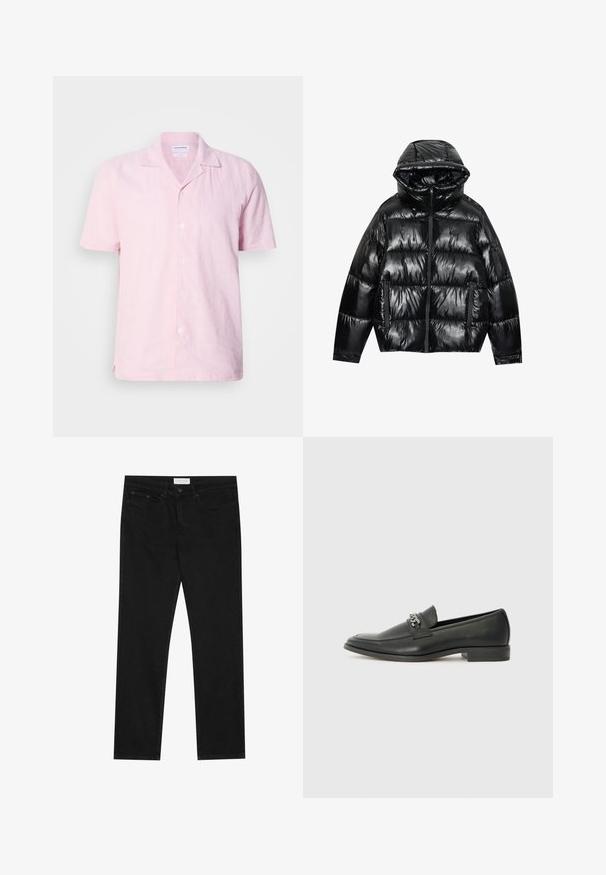 Zwarte pufferjack met een glanzende afwerking. Beschikt over een capuchon, ritssluiting en twee zijzakken. Gevoerde ontwerp voegt textuur en isolatie toe.; Korte mouwen rozenkleurig linnen shirt met een ingesneden kraag, vooraan met zes knopen en zijsplitten voor extra comfort. De stof heeft een iets gestructureerde afwerking.; Zwarte straight-leg jeans met een vijf-pocket ontwerp, knoop- en ritssluiting, en een Pier One merklabel op de tailleband.; Zwarte leren instapper met een gladde afwerking, voorzien van een gestikt ontwerp en een decoratieve metalen kettingaccent over de wreef. Platte hak.