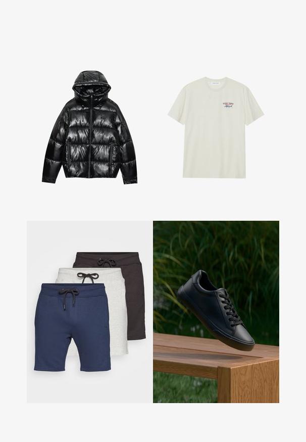 Jachetă puffer neagră cu un finisaj lucios. Dispune de glugă, închidere prin fermoar și două buzunare laterale. Designul matlasat adaugă textură și izolație.; Tricou din bumbac de culoare crem deschis, cu mâneci scurte. Prezintă o grafică mică în nuanțe de albastru și roșu a unui marlin, împreună cu textul "MARLIN TROPHY".; Set de trei perechi de pantaloni scurți: bleumarin, gri deschis și gri închis. Fabricat dintr-un material moale, cu talie elastică și șnur de ajustare.; Sneaker din piele neagră cu o textură netedă, vârf rotund și șireturi plate, așezat deasupra unei suprafețe de lemn, cu iarbă verde în fundal.