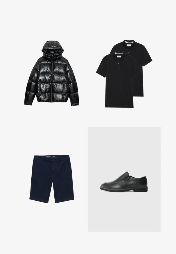 Chaqueta de plumas negra con acabado brillante. Cuenta con capucha, cierre de cremallera y dos bolsillos laterales. Su diseño acolchado añade textura y aislamiento.; Dos camisetas polo negras, de manga corta, de material de algodón, que presentan un cuello clásico, una tapeta de dos botones y acentos de rayas blancas en el interior del cuello.; Pantalones cortos azul marino de mezcla de algodón, con cierre de botón, bolsillos laterales y diseño de pierna recta. Etiqueta de talla M visible.; Zapato negro de cuero sin cordones con un upper suave, detalles de costura, punta redonda y un bajo tacón de goma. La suela presenta una tracción mínima.