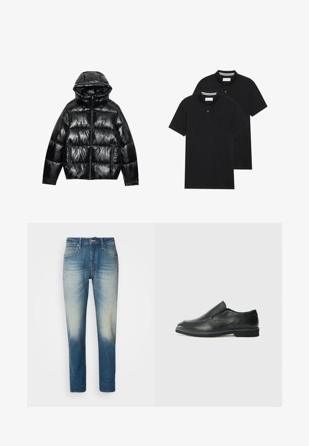 Doudoune noire à finition brillante. Elle comprend une capuche, une fermeture éclair et deux poches latérales. Le design matelassé ajoute de la texture et de l'isolation.; Deux polos noirs, à manches courtes, en coton, avec un col classique, une patte de boutonnage à deux boutons, et des accents rayés blancs à l'intérieur du col.; Jean en denim bleu clair avec une finition délavée, cinq poches, fermeture à bouton, coupe droite et détails de couture contrastée.; Chaussure slip-on en cuir noir avec une tige lisse, des accents cousus, un bout arrondi et un petit talon en caoutchouc. La semelle présente un profil de traction minimal.