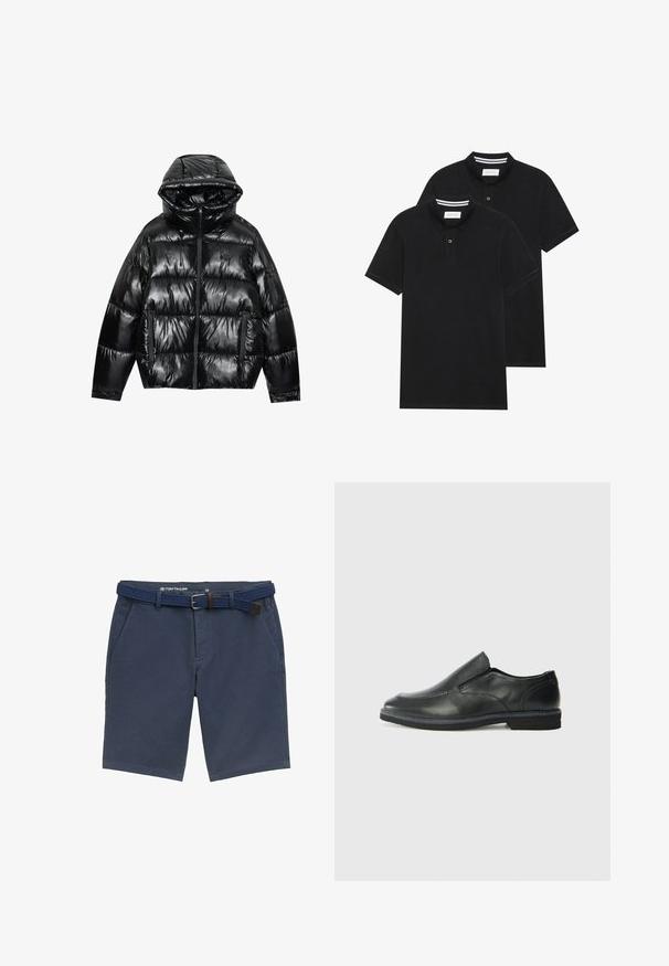 Doudoune noire à finition brillante. Elle comprend une capuche, une fermeture éclair et deux poches latérales. Le design matelassé ajoute de la texture et de l'isolation.; Deux polos noirs, à manches courtes, en coton, avec un col classique, une patte de boutonnage à deux boutons, et des accents rayés blancs à l'intérieur du col.; Shorts bleu marine en tissu léger, dotés de poches latérales et d'une ceinture tissée avec un accent en cuir marron.; Chaussure slip-on en cuir noir avec une tige lisse, des accents cousus, un bout arrondi et un petit talon en caoutchouc. La semelle présente un profil de traction minimal.