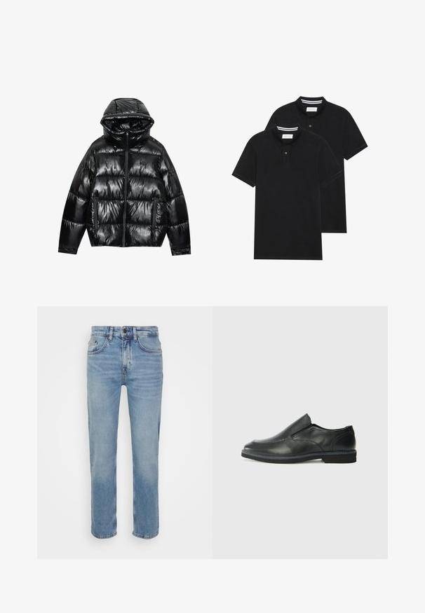 Musta puhvitakki kiiltävällä pinnalla. Varusteena huppu, vetoketjusulku ja kaksi sivutaskua. Kuitutettu muotoilu lisää tekstuuria ja eristystä.; Kaksi mustaa lyhythihaista poolopaitaa, puuvillamateriaalia, joissa on klassinen kaulus, kahden napin napitus ja valkoiset raidat kauluksen sisällä.; Vaaleansiniset farkut, joissa on suora lahje, viisi taskua ja kontrastivärinen tikkaus. Klassinen nappi- ja vetoketjukiinnitys vyötäröllä.; Musta nahkainen liukujalkine, jossa on sileä pinta, ommeltuja yksityiskohtia, pyöristetty kärki ja matala kumipohja. Pohjassa on minimaalinen pito.