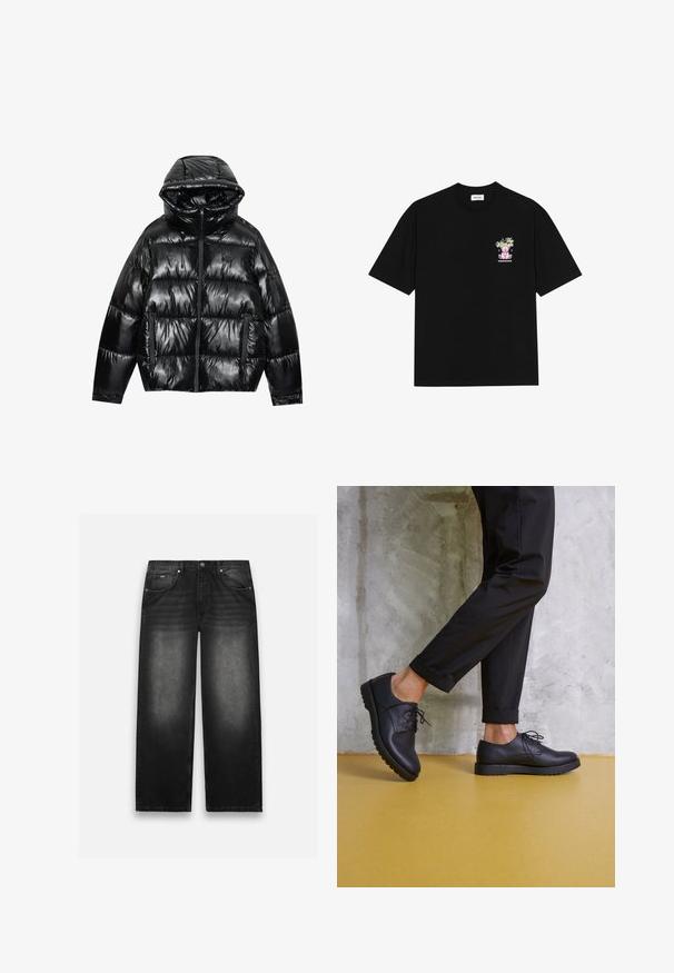 Svart boblejakke med glanset overflate. Har hette, glidelås og to sidelommer. Kviltet design gir tekstur og isolasjon.; Svart bomull t-skjorte med et fargerikt grafisk design på venstre bryst, som viser en teddybjørn og stilisert tekst, med korte ermer og rund hals.; Svarte denim jeans med bred benedesign. Har fem lommer, lett falming og solid søm. Knappe- og glidelåsdesign.; Sorte lærremsko med rund tå, teksturert overflate og tykk gummisåle. Brukes med oppbrettede svarte bukser mot en betongbakgrunn.