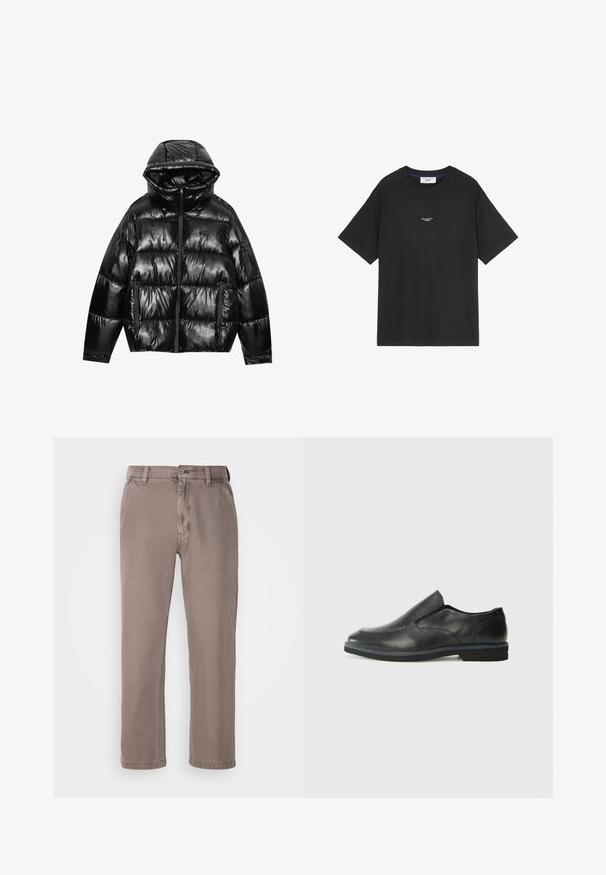 Schwarze Daunenjacke mit glänzender Oberfläche. Verfügt über eine Kapuze, einen Reißverschluss und zwei seitliche Taschen. Das gesteppte Design sorgt für Struktur und Isolierung.; Schwarzes Baumwoll-T-Shirt mit Rundhalsausschnitt und kurzen Ärmeln. Verfügt über ein kleines weißes Logo-Detail auf der Vorderseite. Einfaches Design, lockere Passform.; Braune, gerade geschnittene Hose aus weichem Baumwollmischgewebe. Verfügt über einen Knopfverschluss, Gürtelschlaufen und seitliche Taschen. Minimalistisches Design.; Schwarze Leder-Slipper mit glattem Obermaterial, gesteppten Akzenten, runder Zehenpartie und niedrigem Gummiabsatz. Die Sohle hat ein minimales Profil.