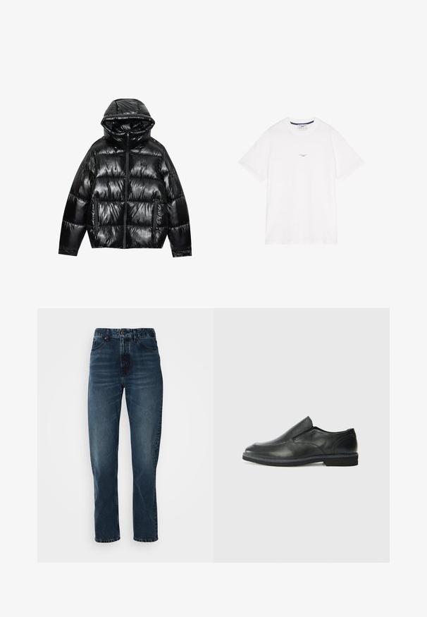 Czarna kurtka puchowa z błyszczącym wykończeniem. Posiada kaptur, zamek błyskawiczny oraz dwie boczne kieszenie. Pikowany wzór dodaje tekstury i izolacji.; Biała bawełniana koszulka z krótkimi rękawami, klasycznym dekoltem i subtelnym napisem na środku. Gładka tekstura i luźny fason.; Ciemnoniebieskie dżinsy o prostym kroju z zapięciem na guzik i zamek błyskawiczny, pięcioma kieszeniami i subtelnym przetarciem na udach i kolanach.; Czarne skórzane buty wsuwane z gładką cholewką, przeszyciami, okrągłym noskiem i niskim gumowym obcasem. Podeszwa ma minimalny bieżnik.