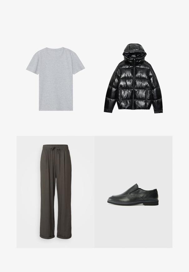 Black puffer jacket with a glossy finish. Features a hood, zip closure, and two side pockets. Quilted design adds texture and insulation.; Gray short-sleeve t-shirt made from soft cotton blend, featuring a classic round neckline and a smooth, lightweight texture.; Dark gray wide-leg pants with a drawstring waist, made of a soft, textured fabric, featuring rolled cuffs at the ankles.; Black leather slip-on shoe with a smooth upper, stitched accents, rounded toe, and a low rubber heel. Sole features minimal tread.