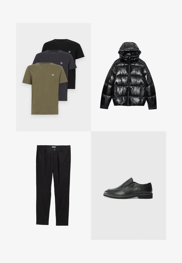 Juodas pūkinis kokonas su blizgiu paviršiumi. turi gobtuvą, užtrauktuką ir dvi šonines kišenes. Kiluotas dizainas suteikia tekstūros ir izoliacijos.; Tris trumpų rankovių marškinėlių olivinės žalios, tamsiai pilkos ir juodos spalvos. Pagaminti iš minkštos medvilnės, kiekvienas turi mažą logotipą ant krūtinės.; Juodos kelnės, pagamintos iš lygaus audinio, su mygtuko uždarymu, dviem priekiniais kišenėmis ir pritaikytu siluetu.; Juodai odiniai įtvirtinimo batai su lygiu paviršiumi, siuvinėjimo akcentais, apvalia nosimi ir žemu guminiu kulnu. Pado raštas minimalus.