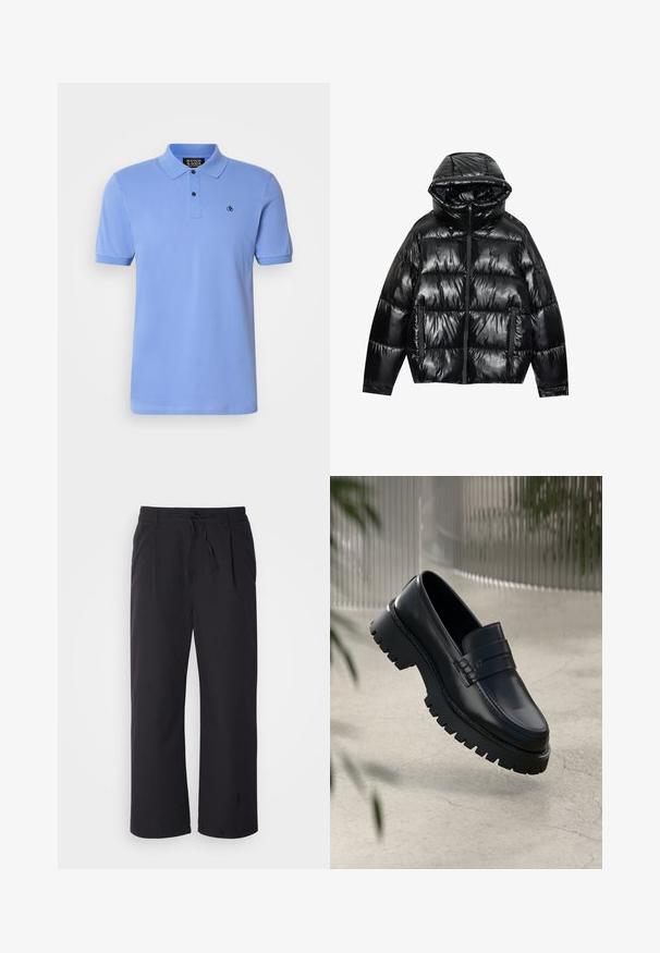 Jachetă puffer neagră cu un finisaj lucios. Dispune de glugă, închidere prin fermoar și două buzunare laterale. Designul matlasat adaugă textură și izolație.; Polo shirt albastru deschis din bumbac, cu o deschidere cu nasturi, mâneci scurte, guler cu nervuri și un mic logo brodat pe piept.; Pantaloni evazati dintr-un material texturat negru, cu un elastic în talie și două buzunare frontale, având un design drept.; Loafers din piele neagră cu talpă chunky, având o curea decorativă și detalii de cusătură. Textură netedă cu un finisaj lucios.