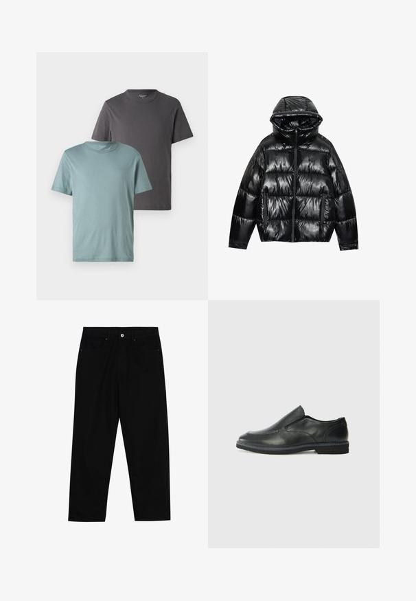 Svart pufferjacka med en glänsande yta. Har huva, dragkedja och två sidofickor. Det kviltade mönstret ger textur och isolering.; Två crew neck t-shirts i olika färger: en ljus teal och en mörk grå. Båda har korta ärmar och en mjuk bomullstextur.; Svarta denimbyxor med rak passform, femficksdesign och framknäppning. Slät textur med minimala sömdetaljer.; Svart lädersko i slip-on-modell med en slät ovandel, sömnadsdetaljer, rund tå och låg gummihäl. Sulan har minimal mönstring.