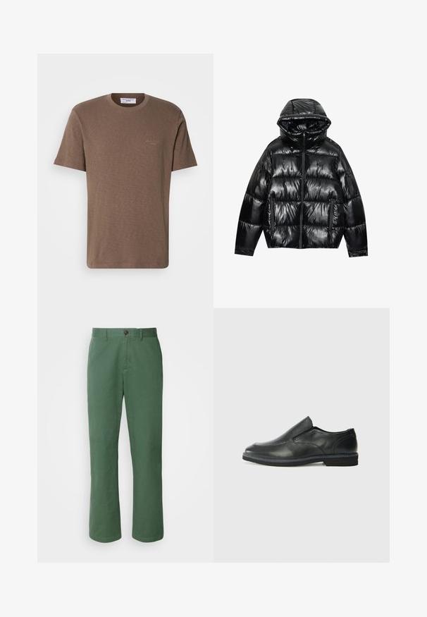 Black puffer jacket with a glossy finish. Features a hood, zip closure, and two side pockets. Quilted design adds texture and insulation.; Brown cotton T-shirt with a crew neck, short sleeves, and a subtle logo on the chest; lightweight fabric with a soft, textured finish.; Green cotton trousers with a straight leg design, featuring a front button closure and subtle texture. No visible patterns or accents.; Black leather slip-on shoe with a smooth upper, stitched accents, rounded toe, and a low rubber heel. Sole features minimal tread.