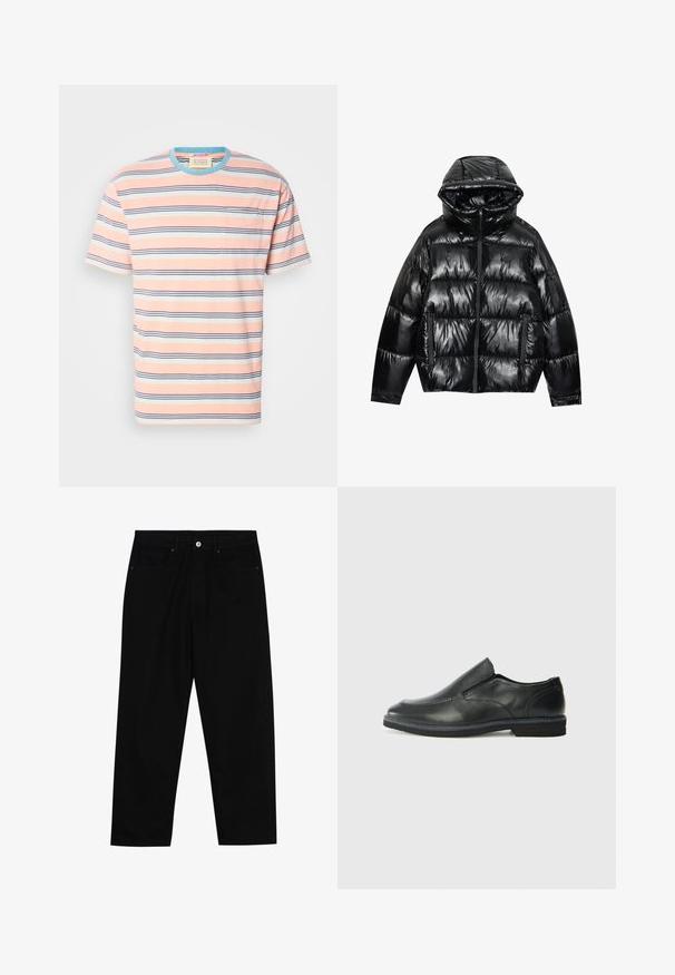 Sort puffjakke med en blank overflade. Har hætte, lynlås lukning og to sidelommer. Kviltet design tilføjer tekstur og isolering.; Stribet bomulds T-shirt i pastelpink, hvid og marineblå, med korte ærmer, rund hals og en brystlomme på venstre side.; Sorte denimbukser med lige ben, fem lomme-design og knaplukning foran. Glat tekstur med minimale syninger.; Sorte læder slip-on sko med en glat overdel, syede detaljer, rund tå og en lav gummihæl. Sålen har minimal profil.