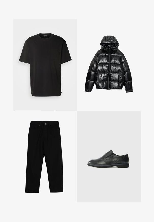 Mustmust musta lähelehega jaki, millel on läikiv viimistlus. Omab kapuutsi, lukuga kinnitamist ja kahte küljetaskut. Padruneeritud disain lisab tekstuuri ja soojust.; Must musta lühikeste varrukatega T-särk, mis on valmistatud puuvillast. Omab rinna taskut ja lõdva sobivust. Lihtne disain ilma nähtavate mustrite või aktsentideta.; Mustadest denimist püksid, millel on sirge jalg, viie tasku disain ja eesnupuga sulgur. Sile tekstuur koos minimaalsete õmblustega.; Must musta laia suuga king, millel on sile ülemine osa, õmmeldud detailid, ümmargune nina ja madal kummist konts. Tallal on minimaalne mustr.