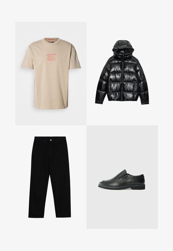 Sort puffjakke med en blank overflade. Har hætte, lynlås lukning og to sidelommer. Kviltet design tilføjer tekstur og isolering.; Beige bomulds t-shirt med rund hals, korte ærmer og rød trykt tekst: "SCOTCH & SODA ART DEPT. CLASS OF '85 AMSTERDAM."; Sorte denimbukser med lige ben, fem lomme-design og knaplukning foran. Glat tekstur med minimale syninger.; Sorte læder slip-on sko med en glat overdel, syede detaljer, rund tå og en lav gummihæl. Sålen har minimal profil.