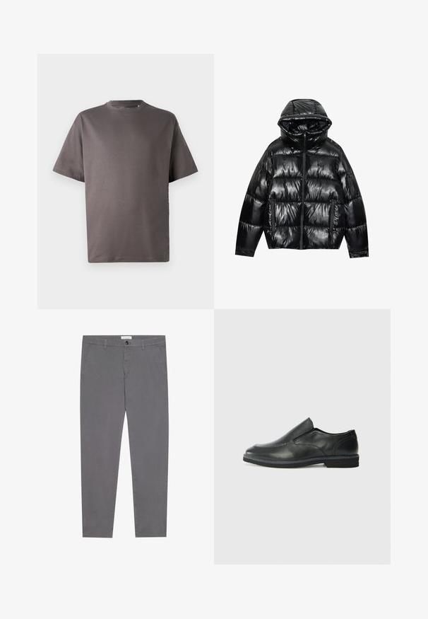Fekete puffernadrág fényes kivitelben. Kapucnival, cipzáras záródással és két oldalsó zsebbel rendelkezik. A steppelt kialakítás textúrát és szigetelést ad.; Sötét szürke, rövid ujjú póló kerek nyakkivágással, puha anyagból készült, laza szabású, látható minták vagy díszítések nélkül.; Szürke pamut nadrág, slim fit szabással, két elülső zsebbel, egy hátsó zsebbel és gombos derékzáródással.; Fekete bőr, slip-on cipő sima felsőrésszel, varrott díszítéssel, lekerekített orral és alacsony gumitalppal. A talpa minimális bordázattal rendelkezik.