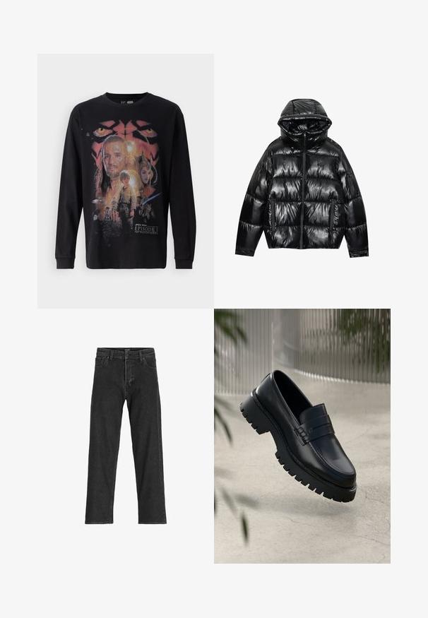Črn puhasti jopič z sijajem. Ima kapuco, zadrgo in dve stranski žepu. Pikučast vzorec dodaja teksturo in izolacijo.; Črna majica z dolgimi rokavi, ki prikazuje barvit grafični tisk iz filma "Vojna zvezd: Epizoda I - Tphantom Menace" z različnimi karakterji in podrobnostmi.; Črne kavbojke z ravnim krojem, ki vključujejo zadrgo, paski in šest žepov, narejene iz trpežne mešanice bombaža.; Črne usnjene loaferje z debelim podplatom, ki imajo dekorativno zanko in detajl šivanja. Gladka tekstura z sijočo obdelavo.