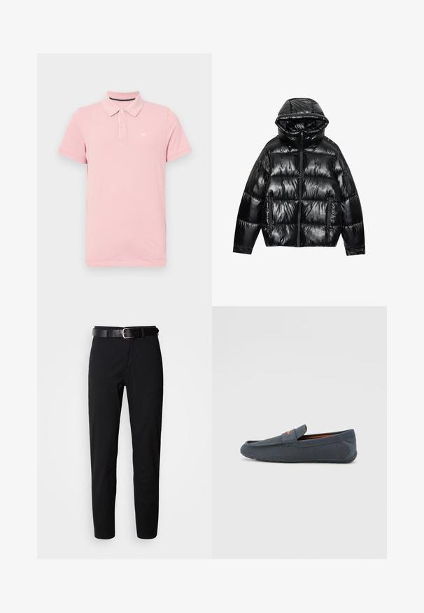 Chaqueta de plumas negra con acabado brillante. Cuenta con capucha, cierre de cremallera y dos bolsillos laterales. Su diseño acolchado añade textura y aislamiento.; Camisa polo rosa de algodón con collar clásico, tres botones y un pequeño logo en el lado izquierdo del pecho. Mangas cortas y un corte regular.; Pantalones negros de corte recto, con una textura suave y un cinturón de cuero negro con una hebilla plateada. Diseño simple, sin patrones ni detalles.; Mocasines grises perforados con un diseño sin cordones, que presentan un acento naranja, puntera redondeada y suela de goma texturizada.