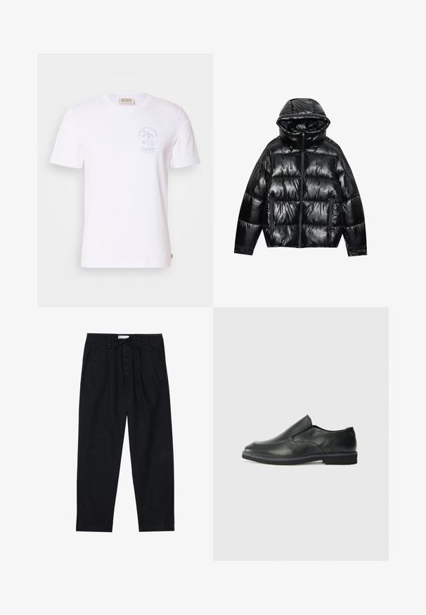 Musta puhvitakki kiiltävällä pinnalla. Varusteena huppu, vetoketjusulku ja kaksi sivutaskua. Kuitutettu muotoilu lisää tekstuuria ja eristystä.; Valkoinen puuvillapaita lyhyillä hihoilla ja pyöreällä kaula-aukolla. Vasemmassa rinnassa on vaaleansininen graafinen printti, jossa on rannalle liittyvä näkymä.; Pier One Chinot - black; Musta nahkainen liukujalkine, jossa on sileä pinta, ommeltuja yksityiskohtia, pyöristetty kärki ja matala kumipohja. Pohjassa on minimaalinen pito.