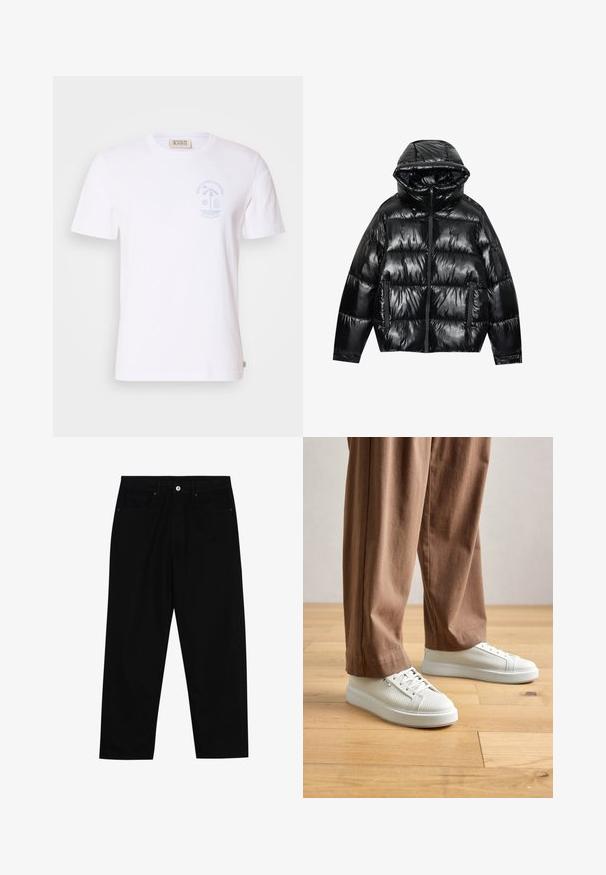Czarna kurtka puchowa z błyszczącym wykończeniem. Posiada kaptur, zamek błyskawiczny oraz dwie boczne kieszenie. Pikowany wzór dodaje tekstury i izolacji.; Biała bawełniana koszulka z krótkim rękawem i okrągłym dekoltem. Na lewej piersi znajduje się jasnoniebieski nadruk graficzny przedstawiający scenę plażową.; Czarne spodnie dżinsowe w klasycznym kroju prostym, z pięcioma kieszeniami i zapięciem na guzik z przodu. Gładka tekstura z minimalnymi detalami szwy.; Osoba w białych, teksturowanych niskich trampkach i luźnych brązowych spodniach, stojąca na jasnej drewnianej podłodze.