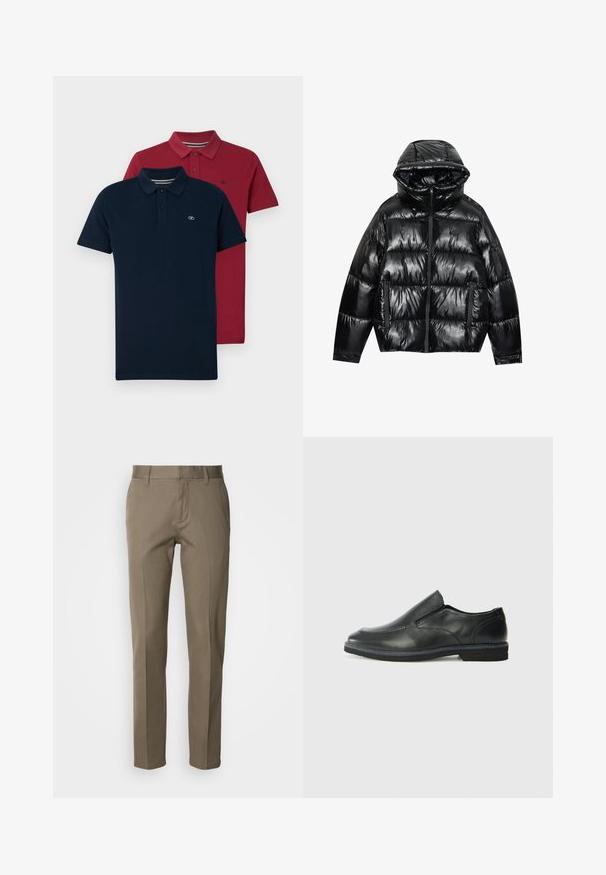 Giacca puffer nera con finitura lucida. Caratterizzata da cappuccio, chiusura con zip e due tasche laterali. Il design trapuntato aggiunge texture e isolamento.; Due polo shirt: uno blu navy, uno bordeaux. Entrambi presentano un colletto classico, una patta con tre bottoni e un logo ricamato sul petto.; Pantaloni color cammello realizzati in tessuto liscio, con design a taglio dritto, cerniera frontale e tasche minimaliste. Nessun motivo o dettaglio visibile.; Scarpa nera in pelle con inserto scivolare, superiore liscio, dettagli cuciti, punta arrotondata e tacco in gomma basso. La suola presenta un battistrada minimale.