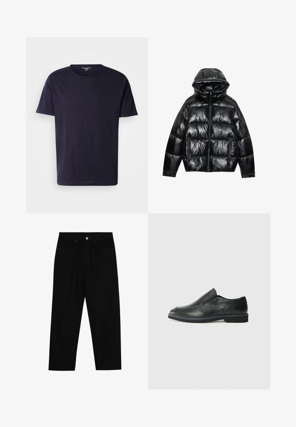 Fekete puffernadrág fényes kivitelben. Kapucnival, cipzáras záródással és két oldalsó zsebbel rendelkezik. A steppelt kialakítás textúrát és szigetelést ad.; Sötét tengerészkék póló, puha anyagból készült, kerek nyakkivágással és rövid ujjal. Simább textúrájú, egyszerű, klasszikus dizájnnal.; Fekete farmernadrág, egyenes szabással, öt zsebből álló dizájnnal és elülső gombos záródással. Simább felület minimális varrási részletekkel.; Fekete bőr, slip-on cipő sima felsőrésszel, varrott díszítéssel, lekerekített orral és alacsony gumitalppal. A talpa minimális bordázattal rendelkezik.