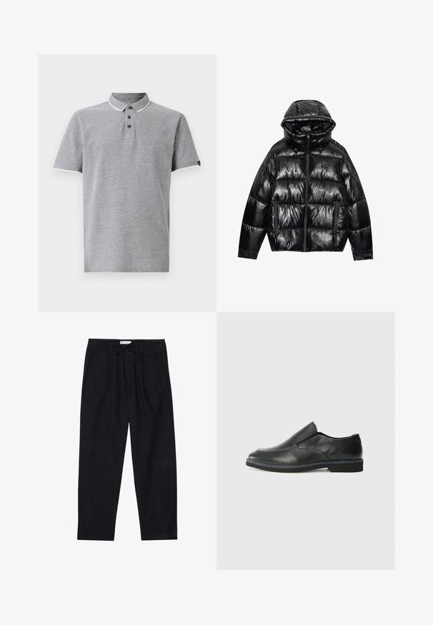 Zwarte pufferjack met een glanzende afwerking. Beschikt over een capuchon, ritssluiting en twee zijzakken. Gevoerde ontwerp voegt textuur en isolatie toe.; Grijze polo met een kraag, voorzien van een drieknoopsluiting, witte accenten op de kraag en mouwen, en een zachte textuur.; Pier One Chino - black; Zwarte leren instapper met een soepele bovenkant, gestikte accenten, ronde neus en een lage rubberen hak. De zool heeft minimale profiel.
