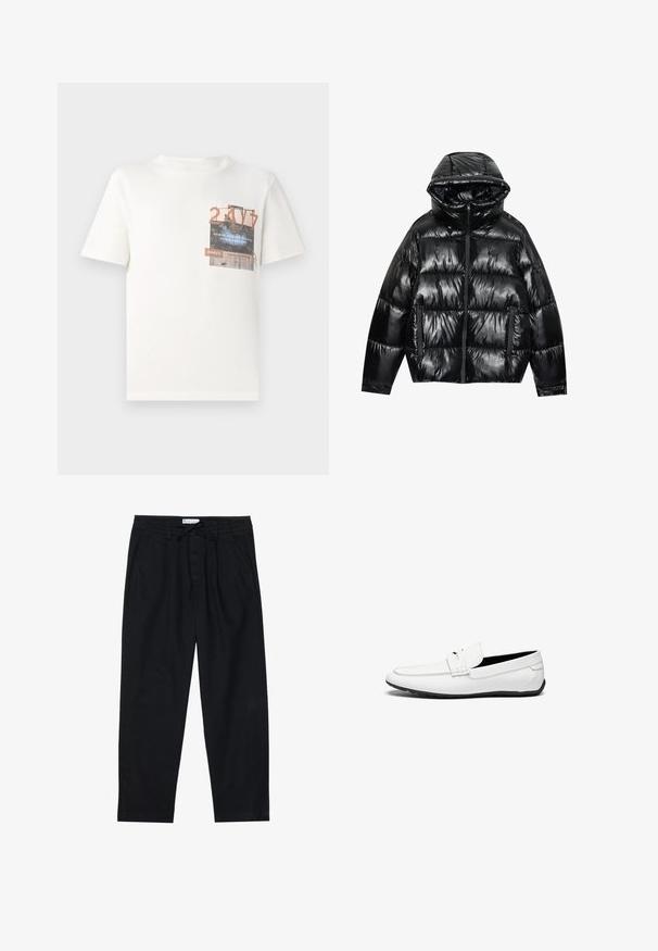 Black puffer jacket with a glossy finish. Features a hood, zip closure, and two side pockets. Quilted design adds texture and insulation.; TOM TAILOR DENIM Print T-shirt - gardenia white; Pier One Chinos - black; White leather loafers with a smooth finish, featuring a stitched accent, a rounded toe, and a black rubber sole for grip.