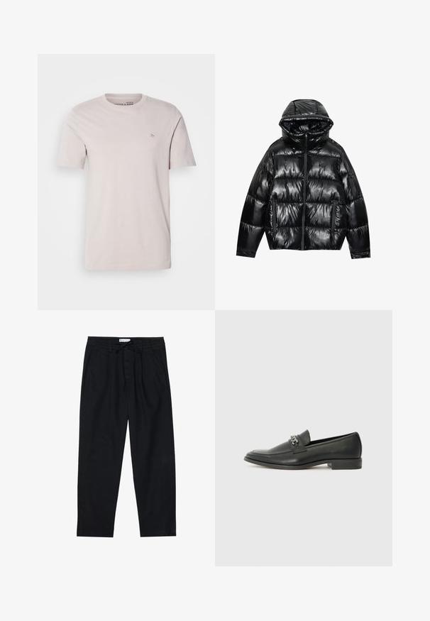 Schwarze Daunenjacke mit glänzender Oberfläche. Verfügt über eine Kapuze, einen Reißverschluss und zwei seitliche Taschen. Das gesteppte Design sorgt für Struktur und Isolierung.; Helles beigefarbenes Baumwoll-T-Shirt mit Rundhalsausschnitt, kurzen Ärmeln und einem kleinen Logodetail auf der Brust. Angenehme Textur, lockere Passform.; Pier One Chino - black; Schwarzer Lederloafer mit glatter Oberfläche, ausgestattet mit einer gesteppten Gestaltung und einem dekorativen Metallkettendetail über dem Vorderblatt. Flacher Absatz.