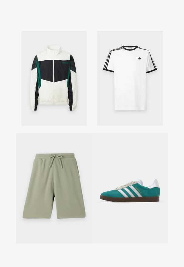 Corta-vento preto e branco com detalhes verdes, apresentando fecho com zíper, gola alta, punhos elásticos e riscas horizontais nas mangas.; T-shirt de algodão branco com decote e mangas caneladas pretas, apresentando três riscas pretas em cada ombro e um pequeno logotipo no peito.; Calções verdes claros feitos de um tecido texturado com cintura elástica e cordão. Corte reto e design até ao joelho.; adidas Originals ADIDAS GAZELLE SHOES - Botas de futebol de salão - liverpool fc/sea green/footwear white