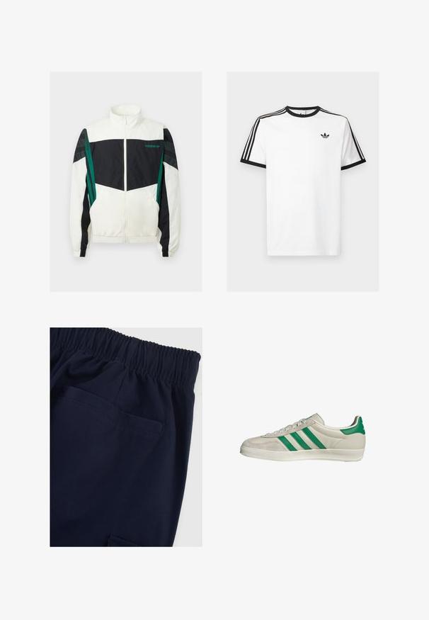 Weiße und schwarze Windjacke mit grünen Akzenten, ausgestattet mit einem Reißverschluss, hohem Kragen, elastischen Bündchen und horizontalen Streifen an den Ärmeln.; Weißes Baumwoll-T-Shirt mit schwarzem Rippenkragen und Ärmeln, mit drei schwarzen Streifen auf jeder Schulter und einem kleinen Logo auf der Brust.; Marineblaue Hose mit elastischem Bund und glatter Textur, ausgestattet mit einer Seitentasche und einfachem Design, das Funktionalität und Komfort betont.; Beige Sneaker mit grünen Streifen, ausgestattet mit einer weißen Sohle und einem Obermaterial aus glattem Leder. Seitenansicht, die die Schnürdetails und das Logo hervorhebt.
