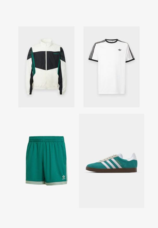 Corta-vento preto e branco com detalhes verdes, apresentando fecho com zíper, gola alta, punhos elásticos e riscas horizontais nas mangas.; T-shirt de algodão branco com decote e mangas caneladas pretas, apresentando três riscas pretas em cada ombro e um pequeno logotipo no peito.; Calções atléticos de malha verde com cintura elástica. Apresentam detalhes cinzentos na bainha e um pequeno logótipo branco da Adidas na parte inferior da frente.; adidas Originals ADIDAS GAZELLE SHOES - Botas de futebol de salão - liverpool fc/sea green/footwear white