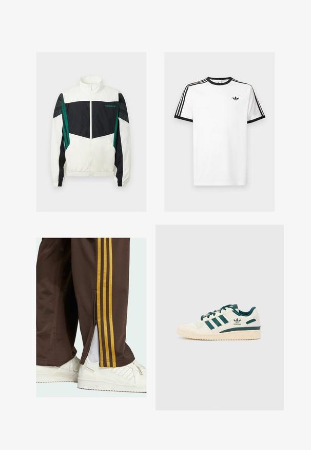 Vit och svart vindjacka med gröna detaljer, som har dragkedja, hög krage, elastiska ärmslut och horisontella ränder på ärmarna.; Vit bomullströja med svart ribbad halsringning och ärmar, med tre svarta ränder på varje axel och en liten logotyp på bröstet.; adidas Originals FIREBIRD - Träningsbyxor - dark brown preloved bronze; Vit sneaker med gröna accenter. Har tre gröna ränder, texturerad tåfront och logotyp på sidan. Gummisul med texturerat mönster.