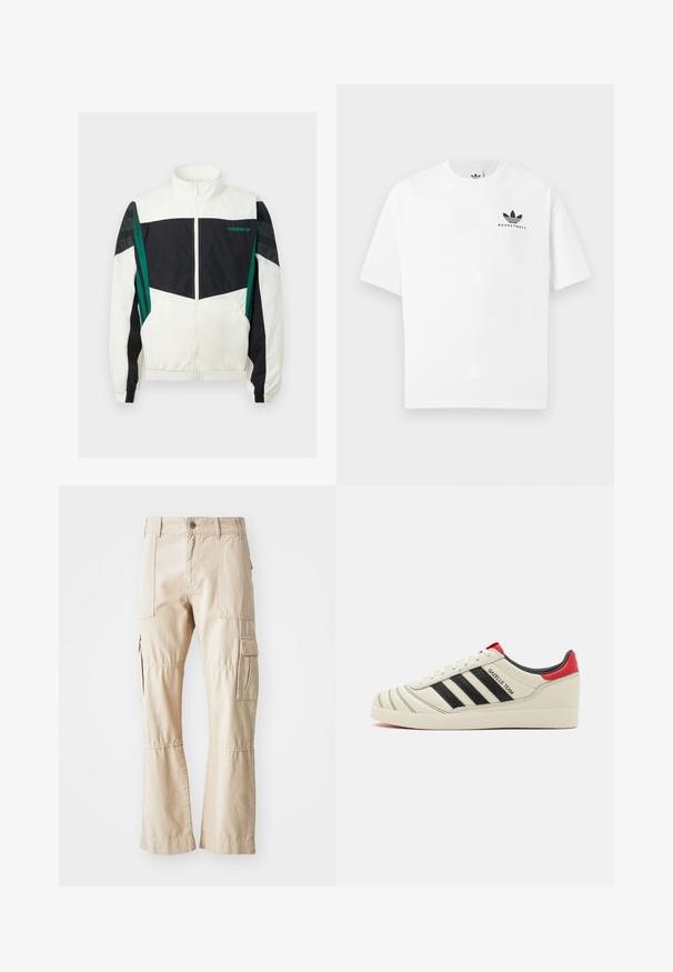 Bela in črna vetrovka z zelenimi akcenti, z zadrgo, visokim ovratnikom, elastičnimi manšetami in horizontalnimi črtami na rokavih.; Bela bombažna majica s kratkimi rokavi, ki na sprednji strani vsebuje črn logotip "BASKETBALL" in ikoničen dizajn treh črt.; Bežna cargo hlače izdelane iz trpežne bombažne tkanine, ki vključujejo več žepov, ravno obliko nogavic in vidne šive.; Kremni usnjeni športni copati z črnimi črtami, rdečimi detajli na petah in strukturiranimi elementi. Opremljeni so z gumijastim podplatom in vezalnim zapiranjem.