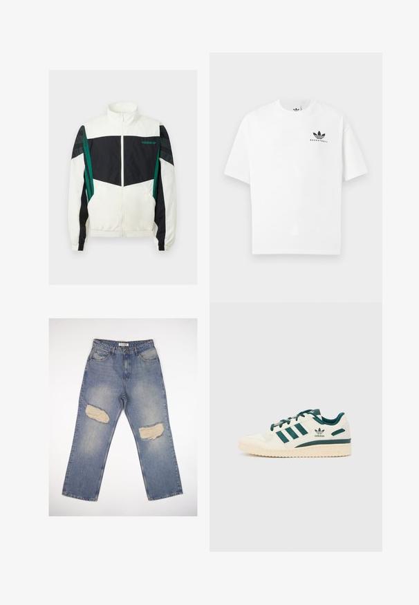 Hvit og svart vindjakke med grønne detaljer, som har glidelås, høy krage, elastiske mansjetter og horisontale striper på ermene.; Hvit bomull T-skjorte med kort erm, med en svart "BASKETBALL" logo og ikonisk tre-stripes design på framsiden.; Lys blå denim jeans med rett passform, med to store slitte lapper på knærne og standard fem-lommers design.; Hvit sneaker med grønne aksenter. Har tre grønne striper, teksturert tåhette og logo på siden. Gummisåle med teksturert mønster.